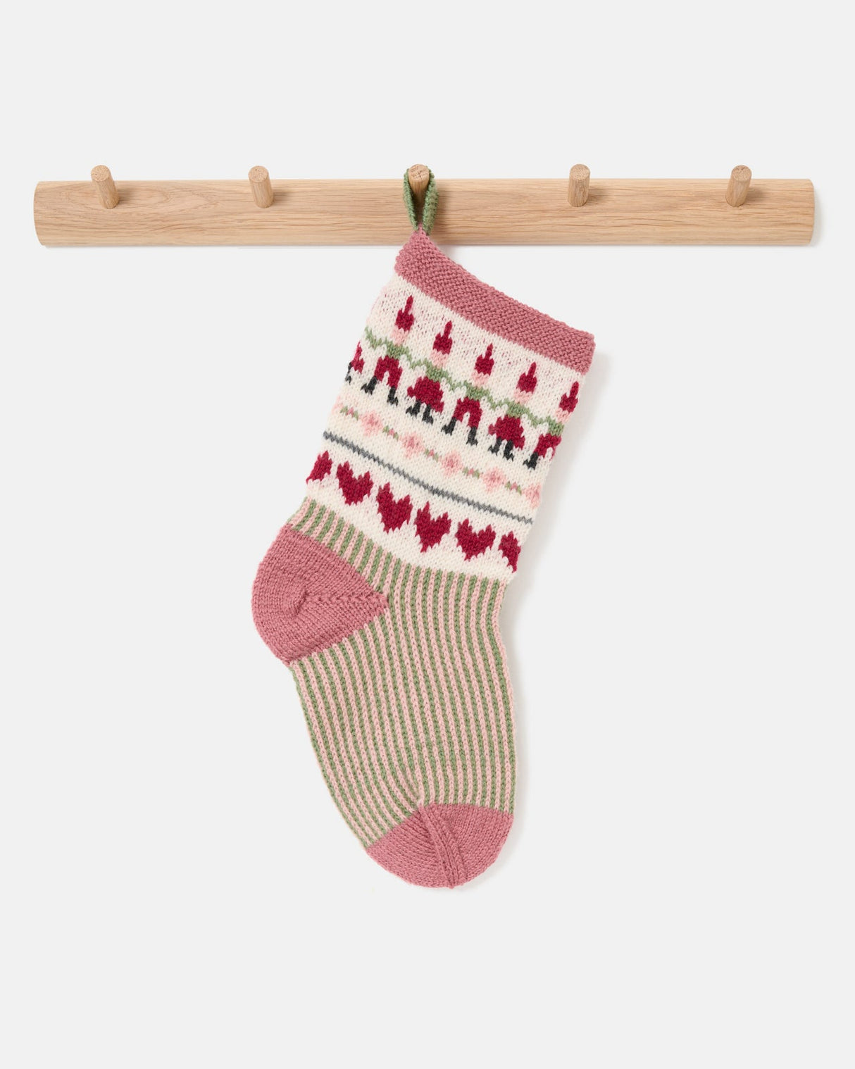 LF03 - Strikket julesok med nisseranke og rosa-grøn stribe